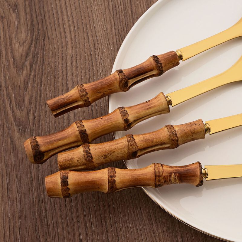 Conjunto de Talheres de Servir com Cabo de Bambu e Aço Inoxidável