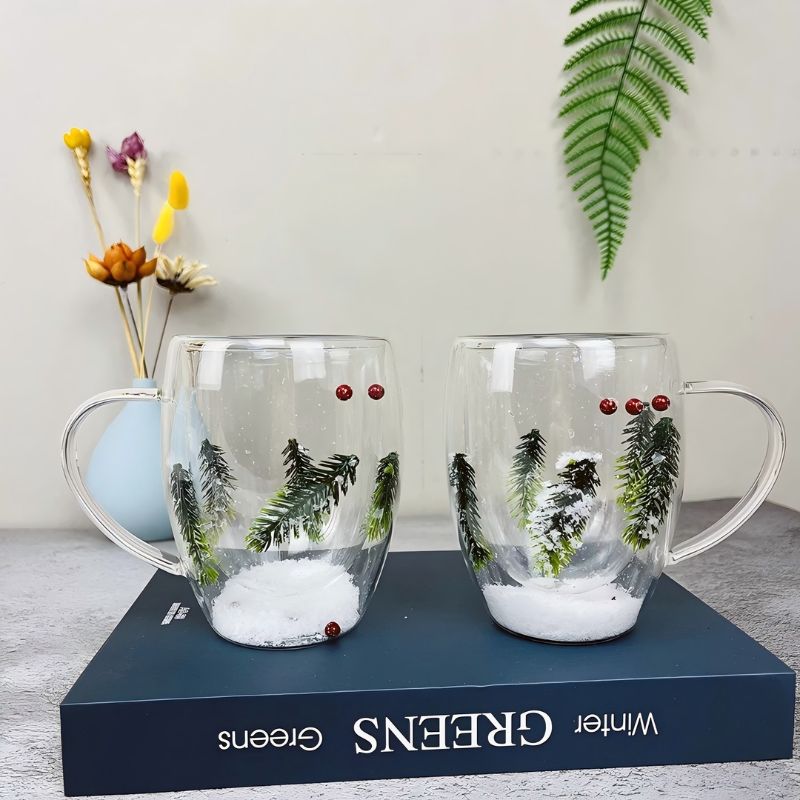 Canecas de Vidro Duplo com Design de Árvore de Natal e Floco de Neve