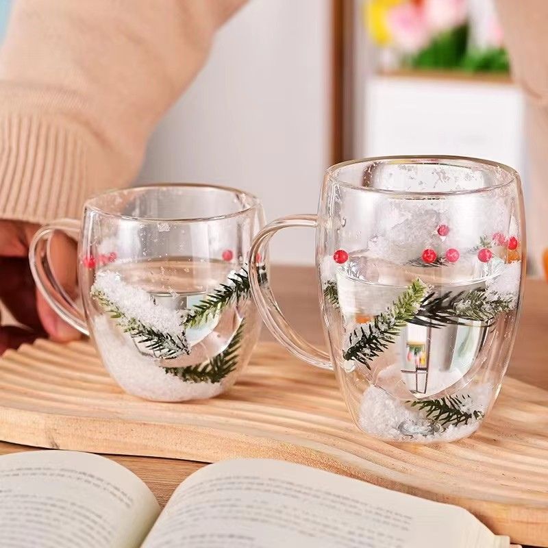 Canecas de Vidro Duplo com Design de Árvore de Natal e Floco de Neve