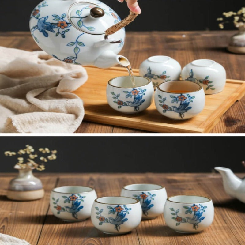 Jogo de Chá de Porcelana Pássaros em Flor  - 5 peças